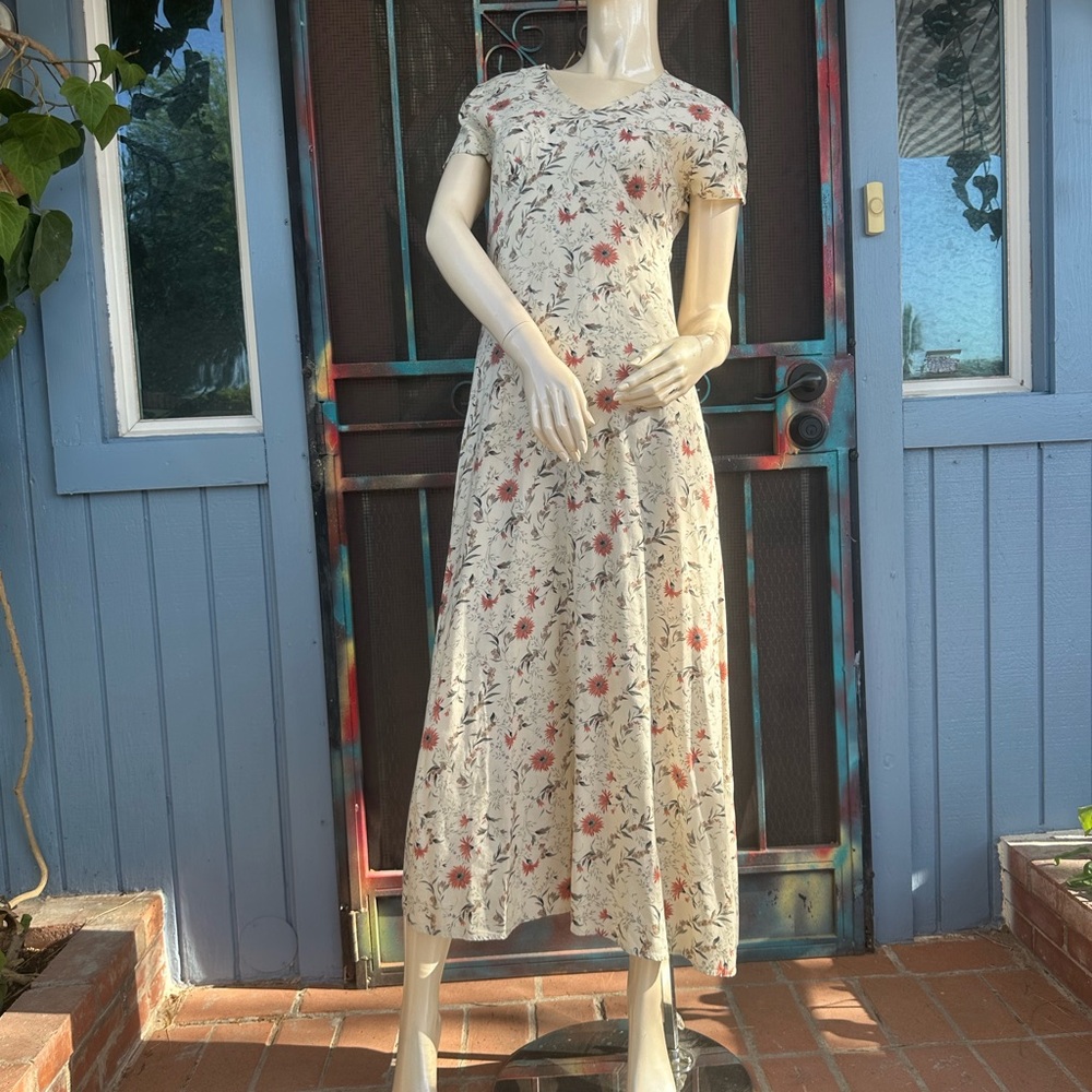 90s Floral Maxi Dress - Cream with Red and Black Accents